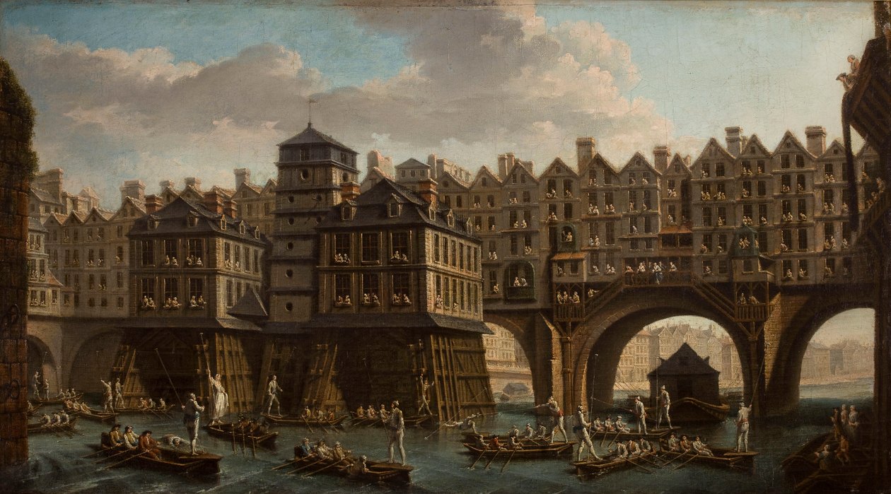 Potyczki żeglarzy, między Pont Notre Dame a Pont-Au-Change, Paryż, 1756. autorstwa Nicolas Jean Baptiste Raguenet