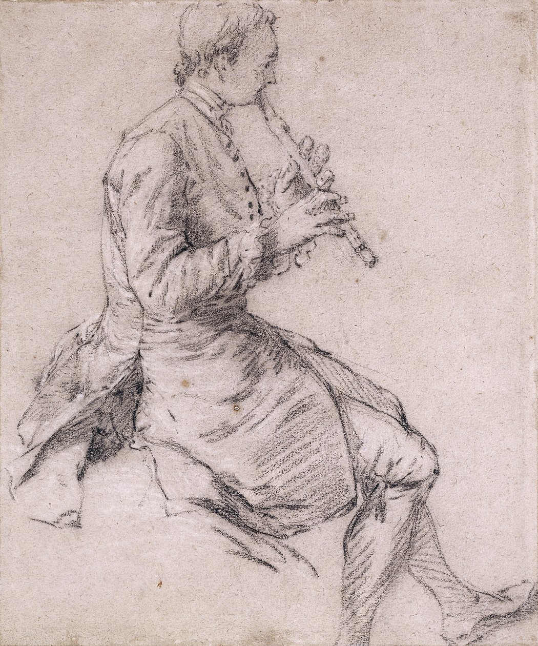 Siedzący mężczyzna grający na flecie, z profilu po prawej, ok. 1720 r. autorstwa Nicolas Lancret