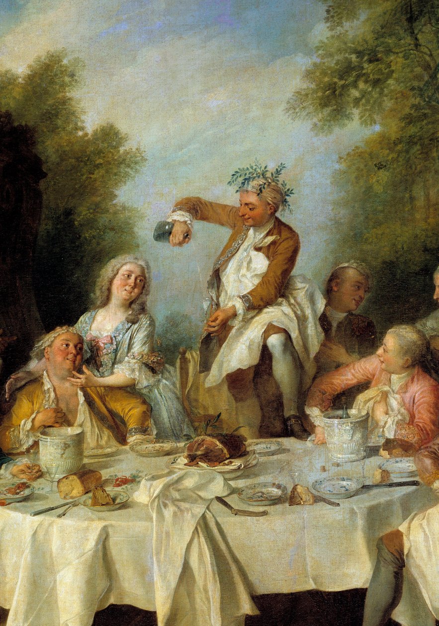 Śniadanie z szynką. Scena wiejskiego bankietu wokół szynki u szlachty. Szczegół. Obraz Nicolasa Lancreta (1690-1743) 1735. Słońce 1,8x1,2 m Chantilly, muzeum Conde autorstwa Nicolas Lancret