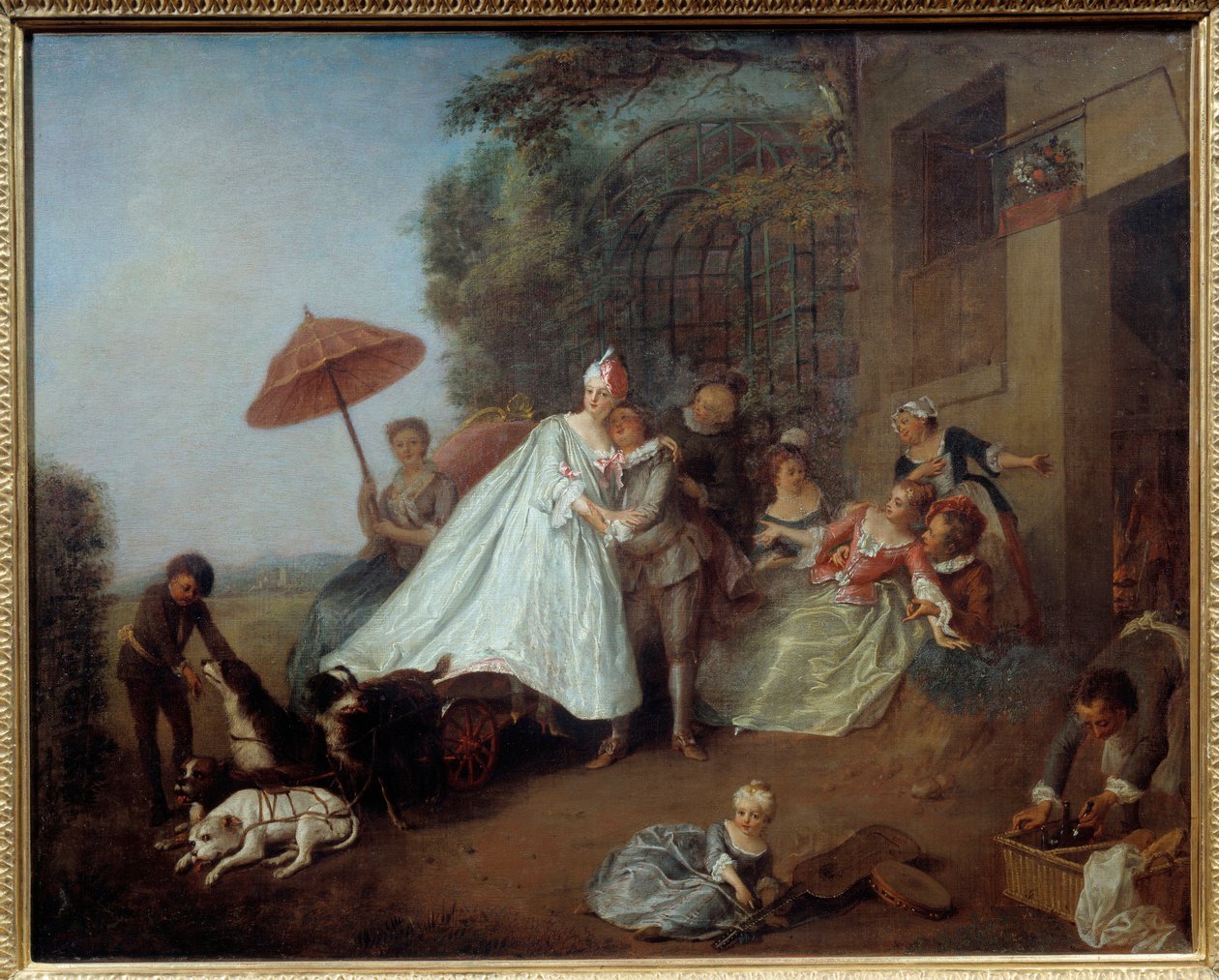 Przybycie pani w samochodzie ciągniętym przez psy. Obraz Nicolasa Lancreta (1690-1743) autorstwa Nicolas Lancret