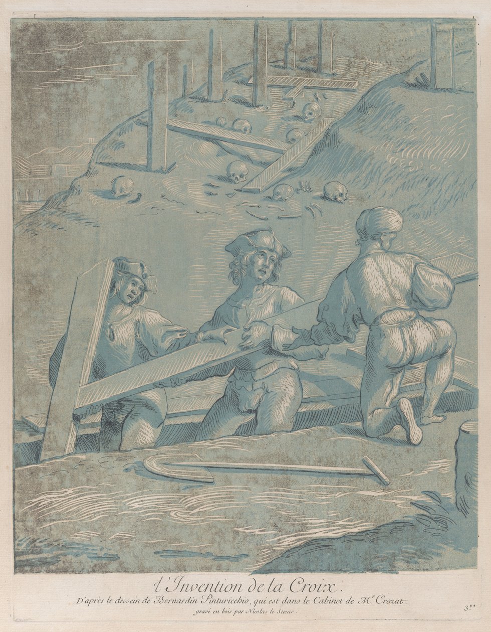 Wynalezienie krzyża, trzech mężczyzn podnoszących krzyż z rowu, z „Recueil…”, ca. 1729-64. autorstwa Nicolas Le Sueur