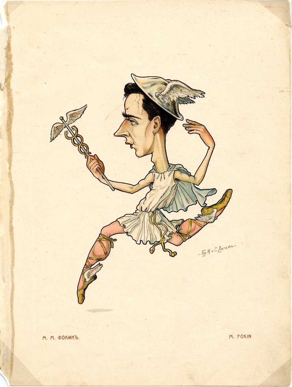 Portret Michaiła (Michela) Fokina (1880-1942) Rosyjskiego tancerza i choreografa - Litografia Nikołaja Gustawowicza Legata (1869-1937), zaczerpnięta z Ballet russe en caricatures autorstwa Nicolas Legat