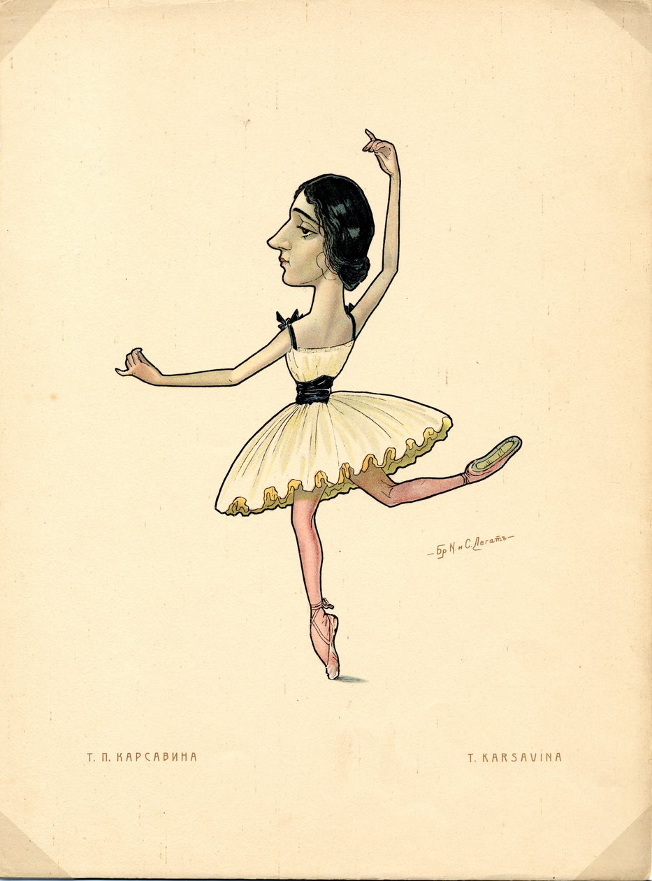 Portret Tamary Karsaviny (1885-1978) Rosyjskiej baletnicy - Litografia Nikołaja Gustawowicza Legata (1869-1937), zaczerpnięta z Ballet russe en caricatures autorstwa Nicolas Legat