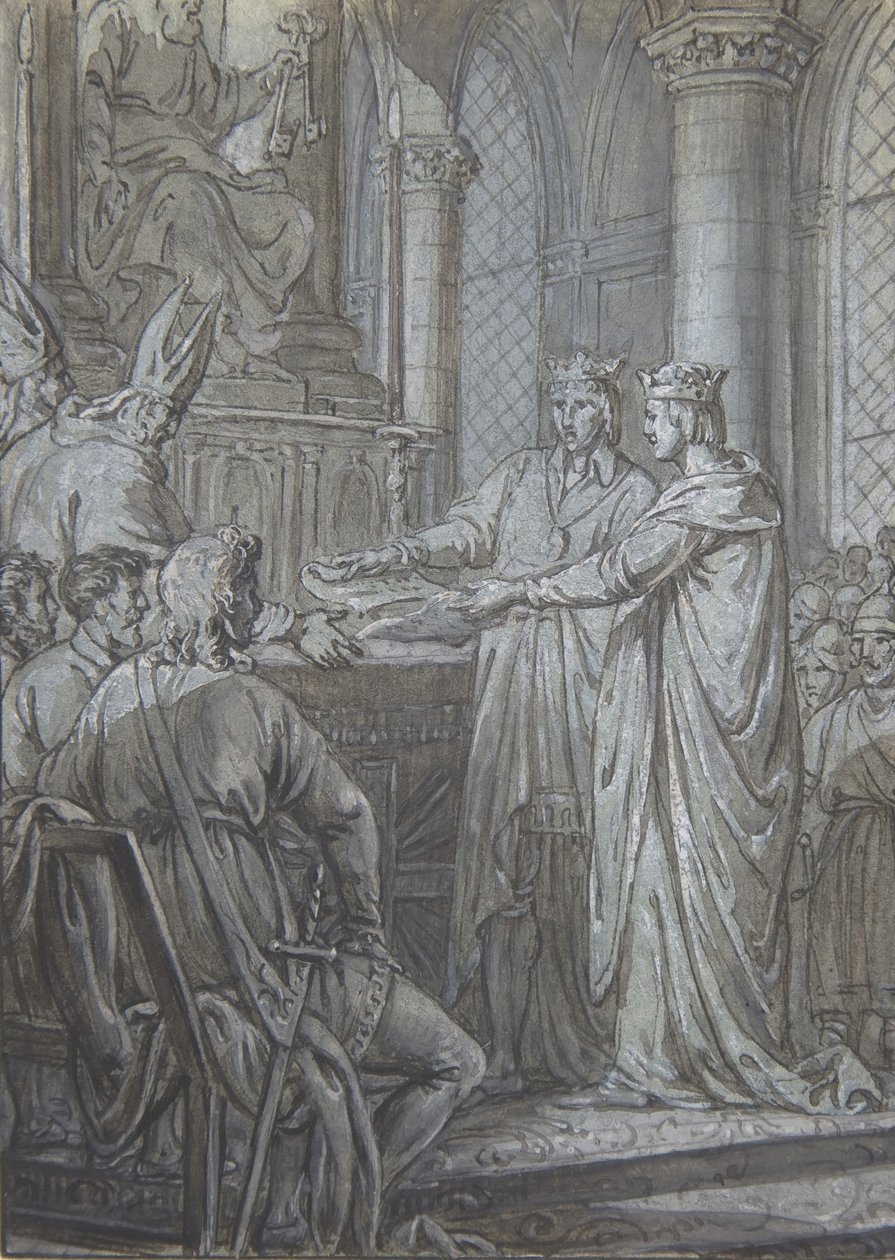 Ludwik III i Karolman dali biskupom Królestwa zapewnienie o swojej wierności w 882 roku. 1791. autorstwa Nicolas Lejeune