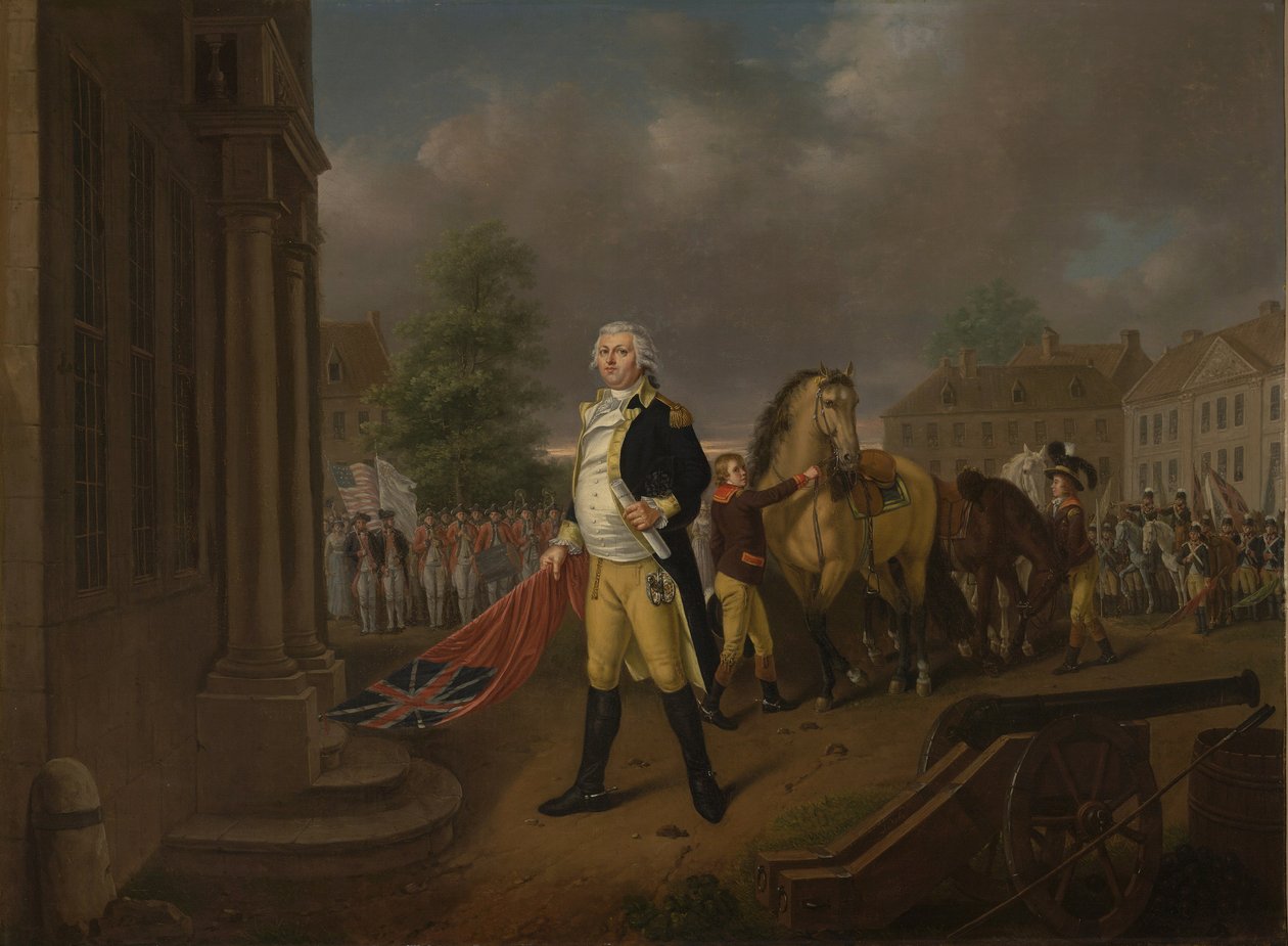 Generał Humphreys przekazujący sztandary zdobyte pod Yorktown do Sali Kongresowej w Filadelfii autorstwa Nicolas Louis Albert Delerive