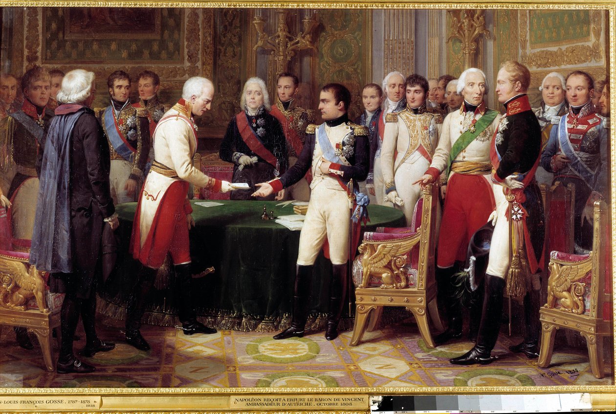 Wywiad w Erfurcie, 27 września - 14 października 1808: Napoleon I przyjmuje barona Vincenta, austriackiego dyplomatę i wysłanego od cesarza Austrii. Pośrodku między dwiema postaciami widzimy Charlesa Maurice