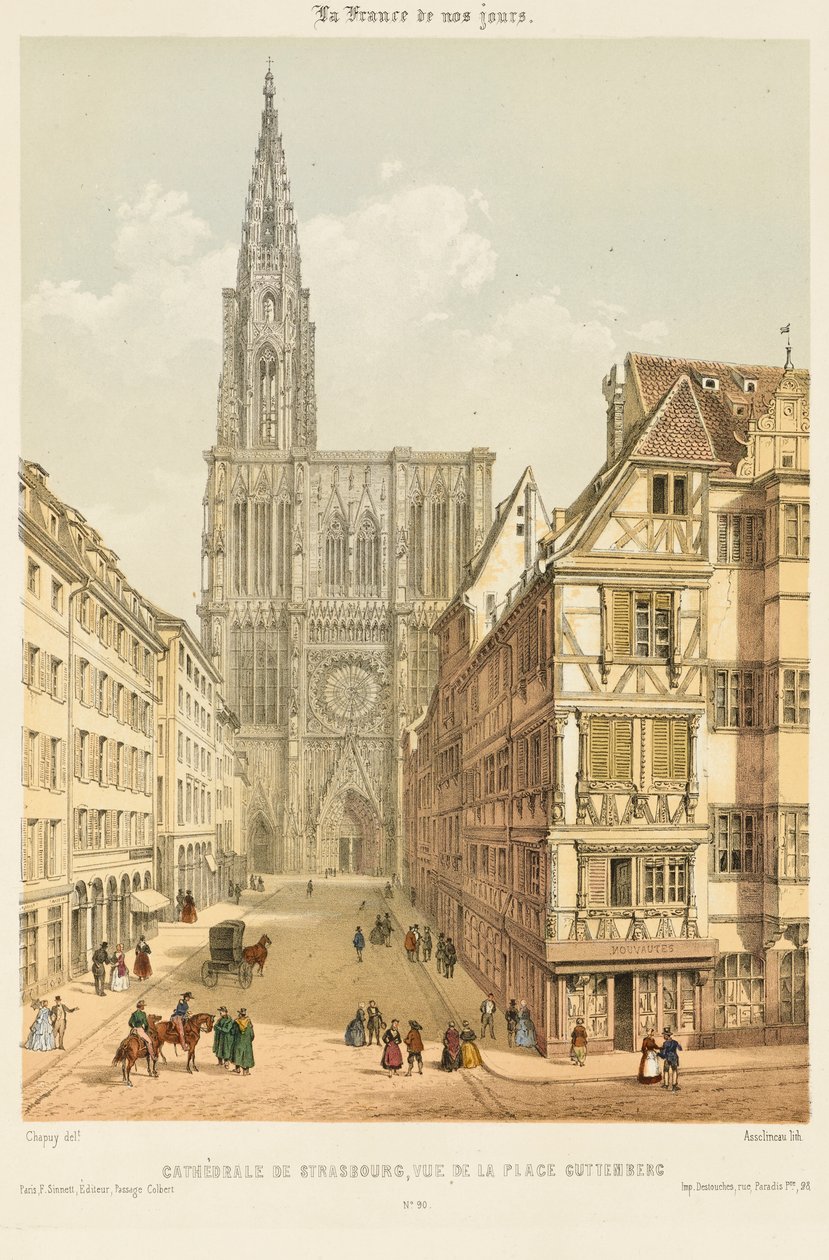 Rue Mercière i zachodni front katedry w Strasburgu autorstwa Nicolas Marie Joseph (after) Chapuy