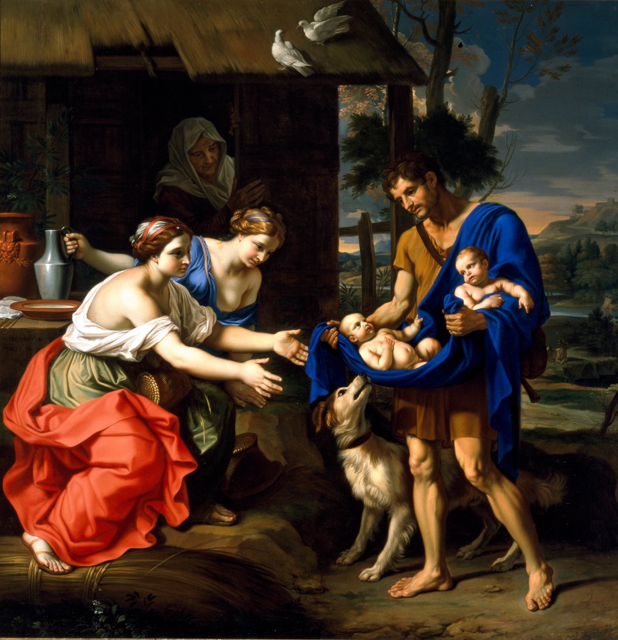 Pasterz Faustulus przyprowadzający Romulusa i Remusa do swojej żony autorstwa Nicolas Mignard