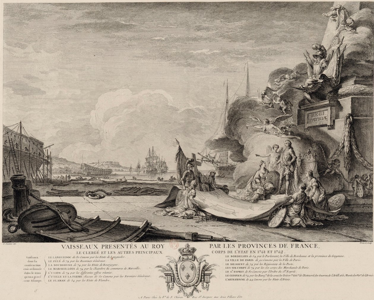 Alegoryczna rycina przedstawiająca dar statków ok. 1762 r. autorstwa Nicolas Ozanne