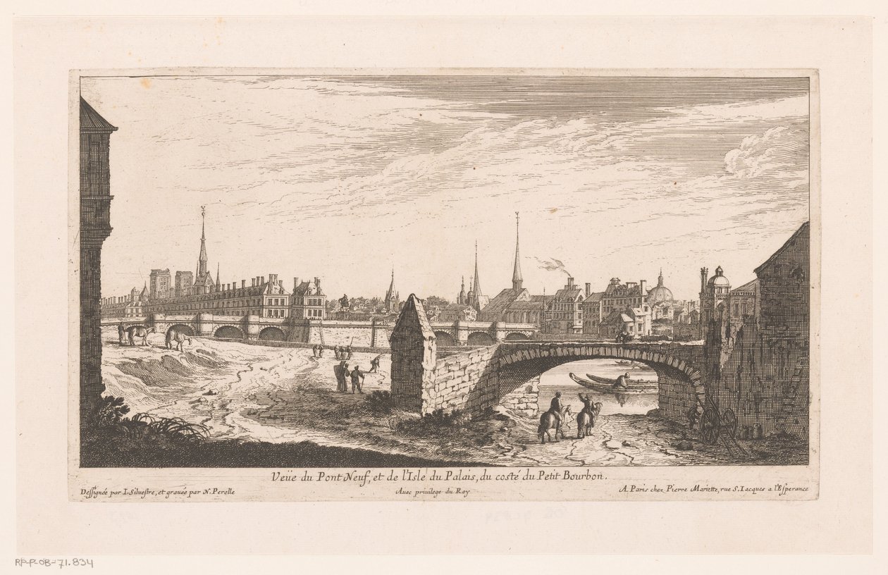 Gezicht op de Pont Neuf Widok na Pont Neuf i Isle du Palais (...) (tytuł na obiekcie) autorstwa Nicolas Perelle