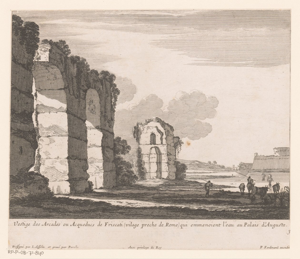 Krajobraz z ruinami i pasterzami krów Vestige des Arcades ou Aqueducs de Friscati (...) (tytuł na obiekcie) autorstwa Nicolas Perelle