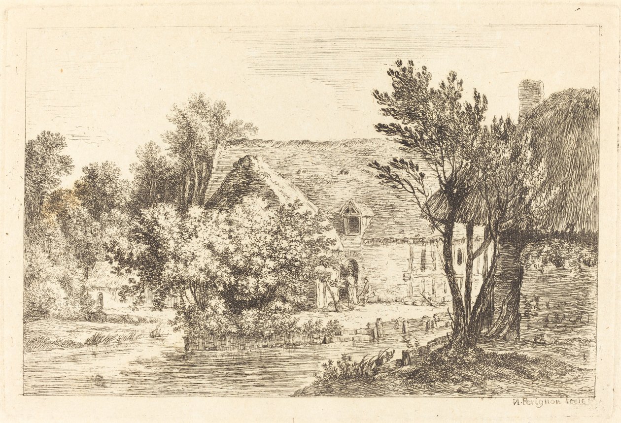 Dom i domek w cieniu nad brzegiem rzeki autorstwa Nicolas Perignon