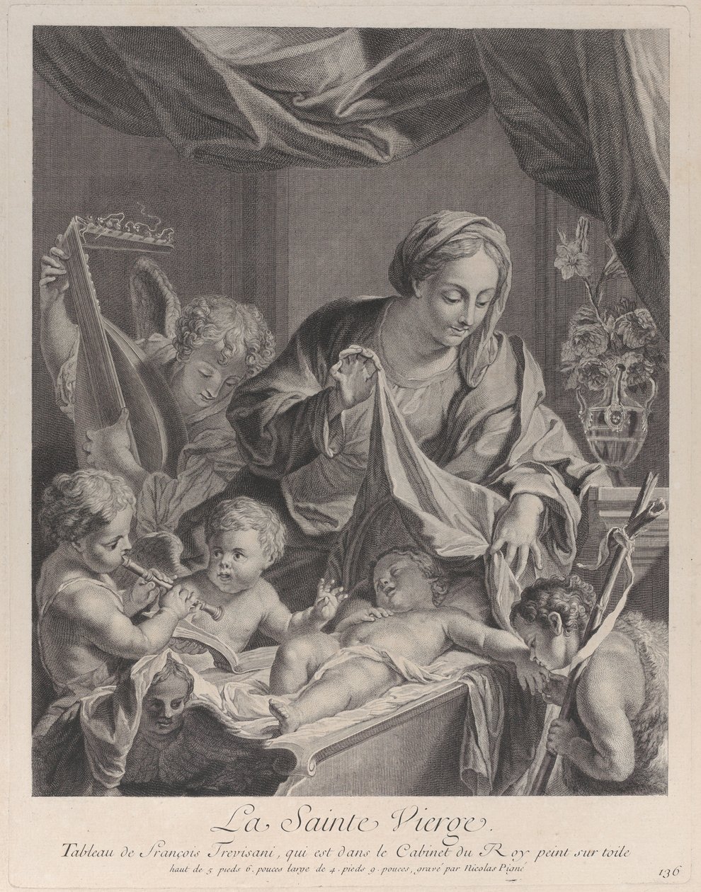 Dziewica trzymająca chustę nad śpiącym Dzieciątkiem, z muzykalnymi aniołami i..., ok. godz. 1729. autorstwa Nicolas Pigne