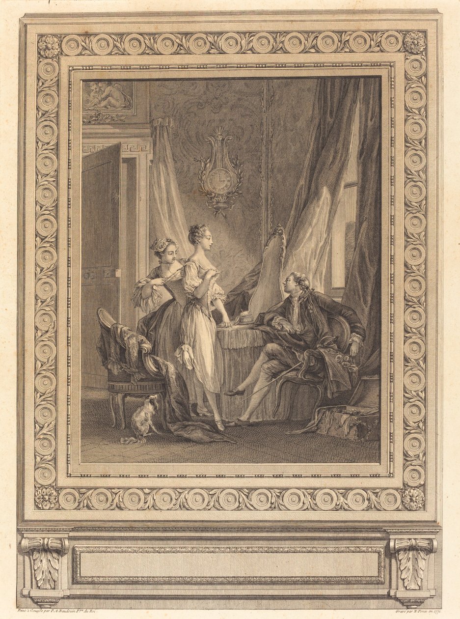 Toaleta autorstwa Nicolas Ponce after Pierre Antoine Baudouin with border by Charles Nicolas Cochin II