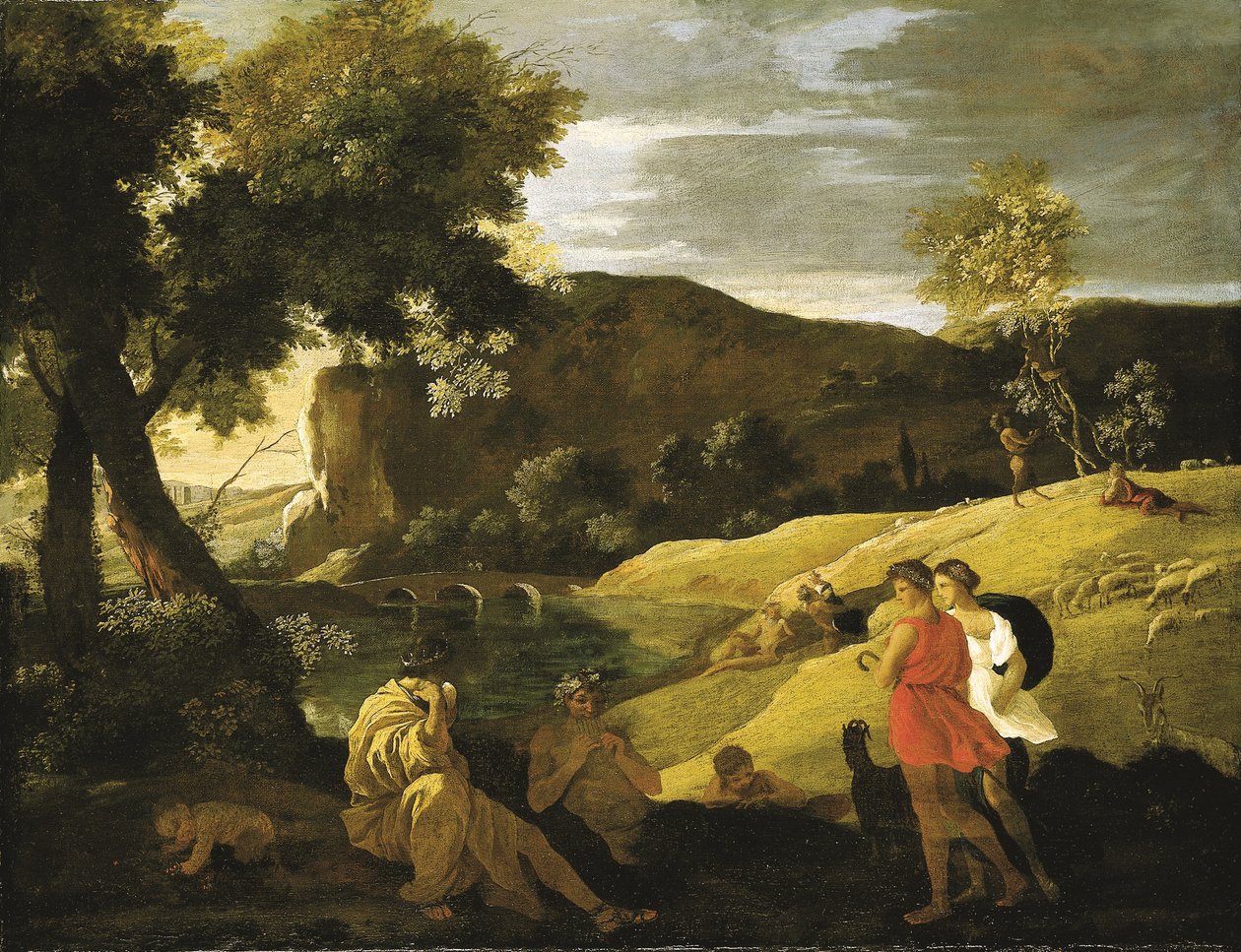 Arkadyjski pejzaż z opowieściami z legend o Panu i Bachusie (olej na płótnie) autorstwa Nicolas Poussin