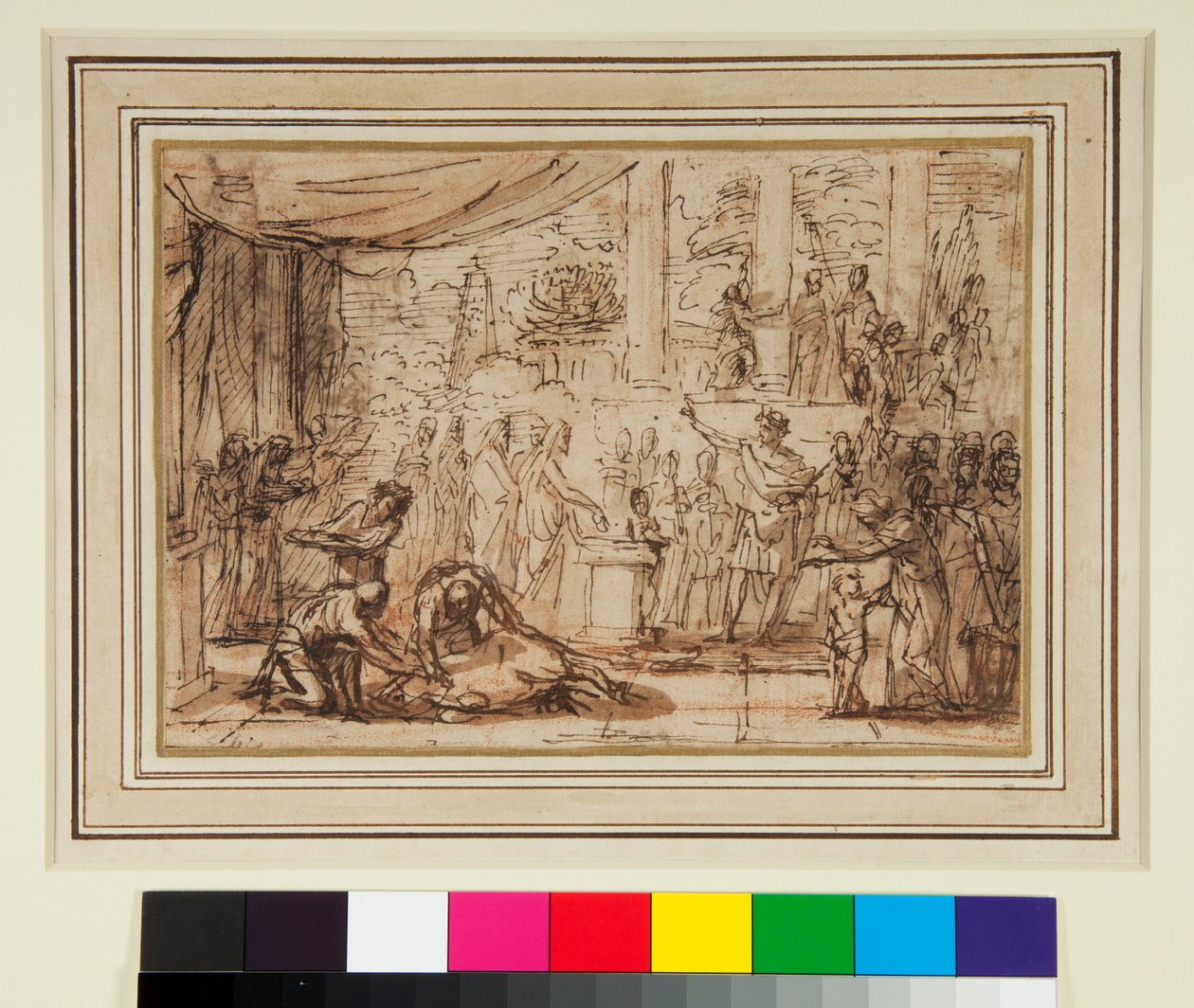 Antyczna Ofiara w Świątyni (pióro i brązowy tusz oraz brązowa farba na czerwonej kredzie) autorstwa Nicolas Poussin