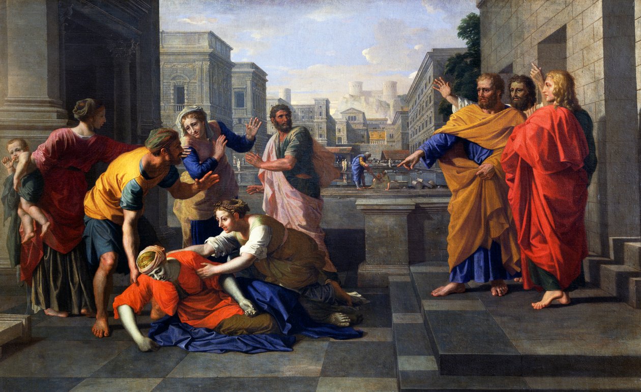 Śmierć Safiry, żony Ananiasza, która spłonęła u stóp św. Piotra, ok. 1652 (olej na płótnie) autorstwa Nicolas Poussin