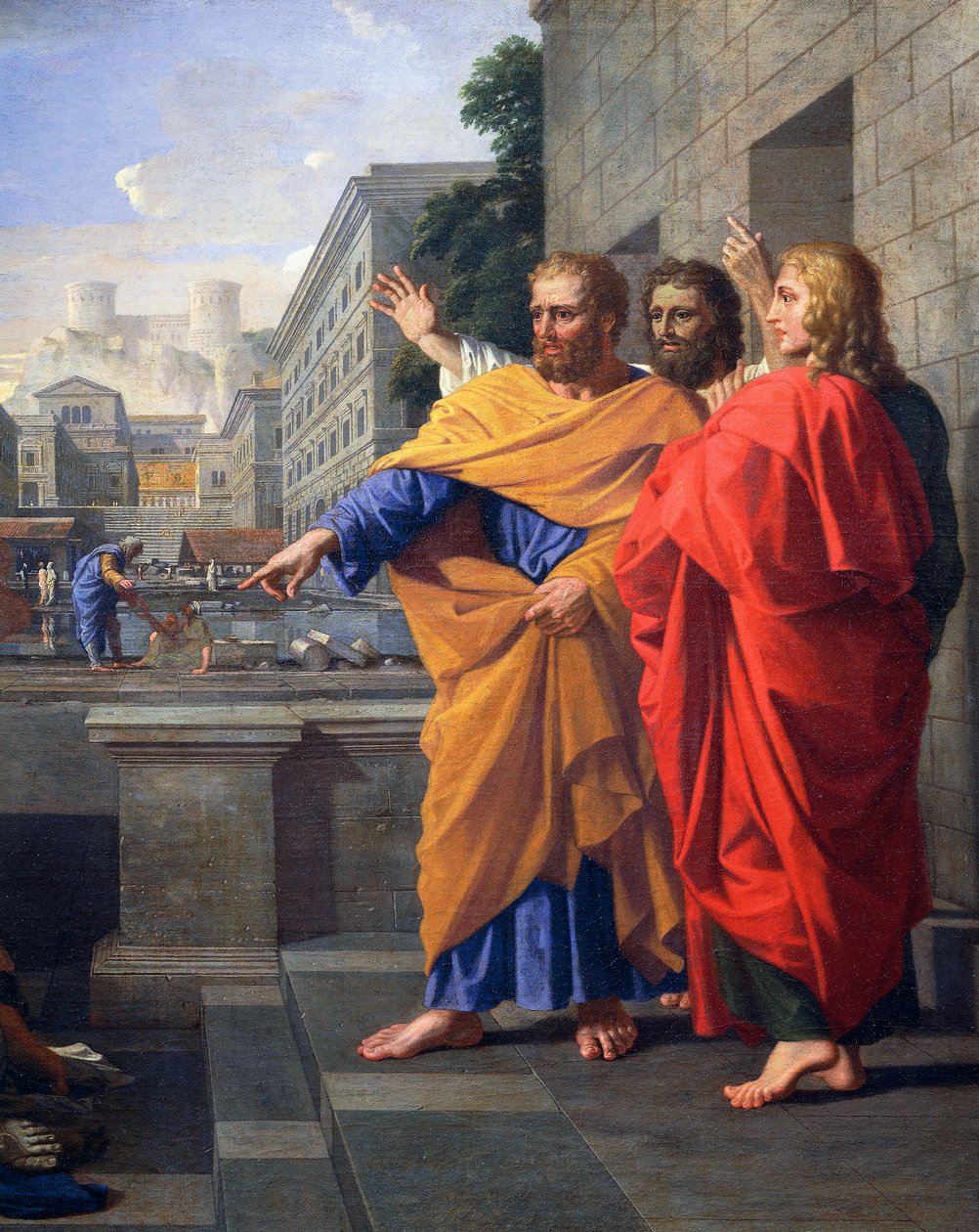 Śmierć Safiry, żony Ananiasza, która spłonęła u stóp św. Piotra, fragment z 2581012, ok. 1652 (olej na płótnie) autorstwa Nicolas Poussin