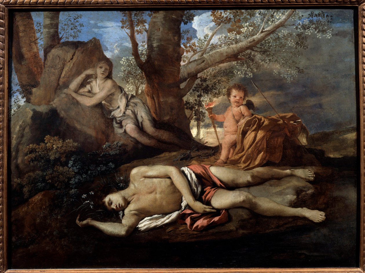 Echo i ilustracja Narcyza do legendy, która zainspirowała Owidiusza w „”Les Metamorphoses”” Obraz Nicolasa Poussina (1594-1665) Słońce XVII wieku. 0,74x1m Paryż, autorstwa Nicolas Poussin