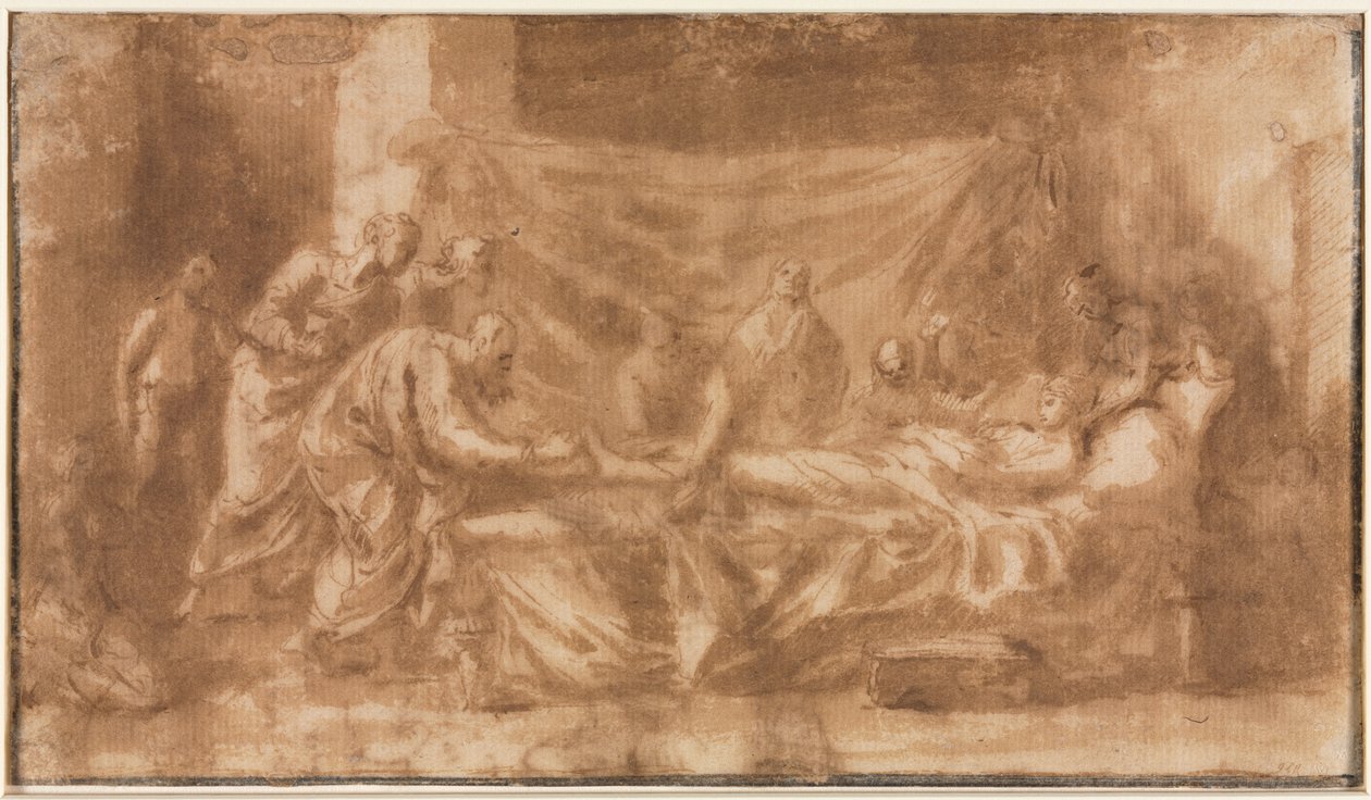 Ostatnie namaszczenie (rekto); Trzy głowy i inne szkice (verso) autorstwa Nicolas Poussin