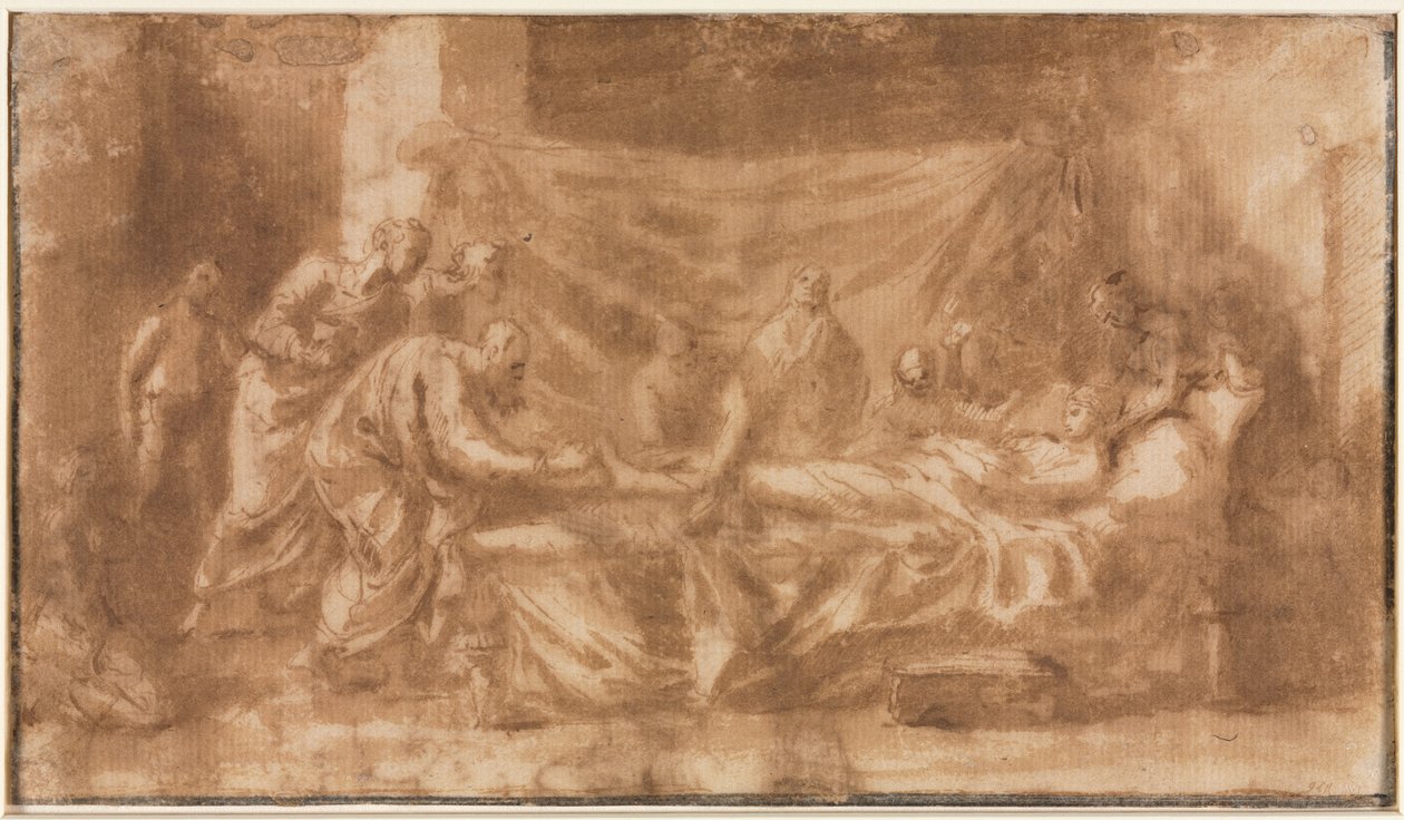 Skrajne namaszczenie prosto, Trzy głowy i inne szkice wers, 1643-1644. autorstwa Nicolas Poussin