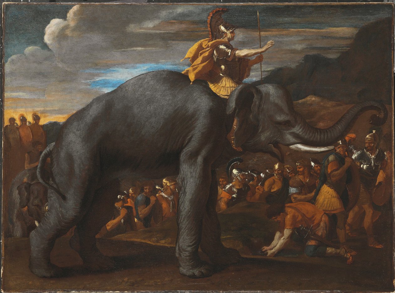 Hannibal przekraczający Alpy na słoniu autorstwa Nicolas Poussin