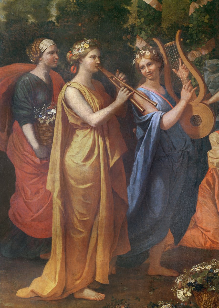 Hymenajos przebrany za kobietę podczas ofiarowania Priapusowi, detal z muzykami, ok. 1634-38 autorstwa Nicolas Poussin