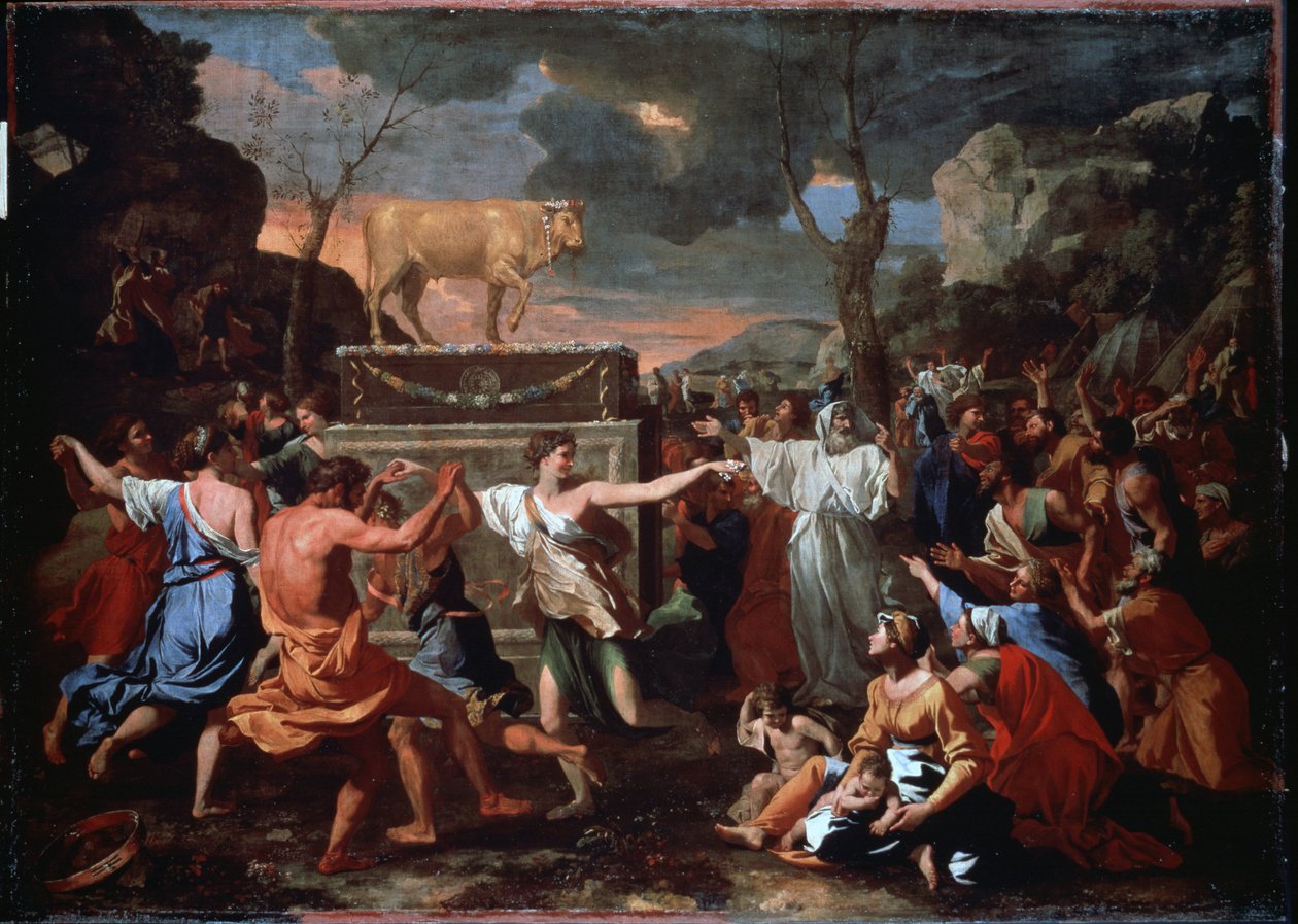 Adoracja Złotego Cielca. Hebrajczycy tańczą wokół bożka złotego cielca. Obraz Nicolasa Poussina (1594-1665) autorstwa Nicolas Poussin