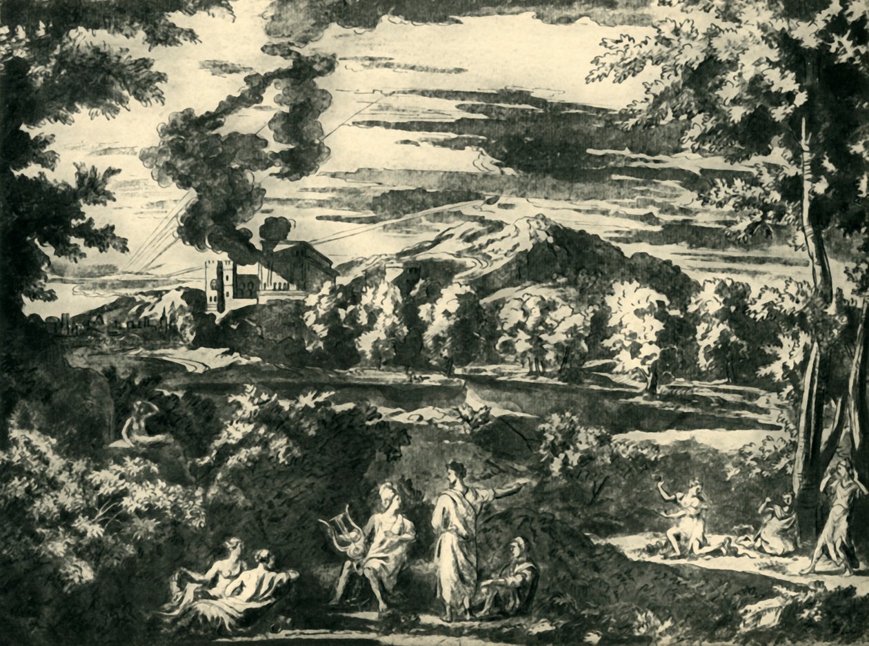 Pejzaż z Orfeuszem i Eurydyką, połowa XVII wieku, 1943. autorstwa Nicolas Poussin
