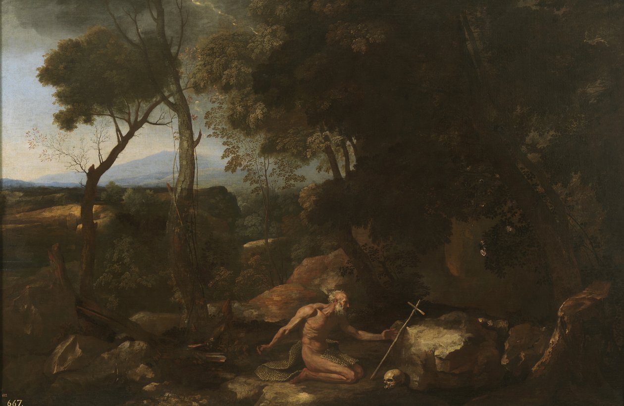 Pejzaż ze św. Pawłem Pustelnikiem, 1638 autorstwa Nicolas Poussin