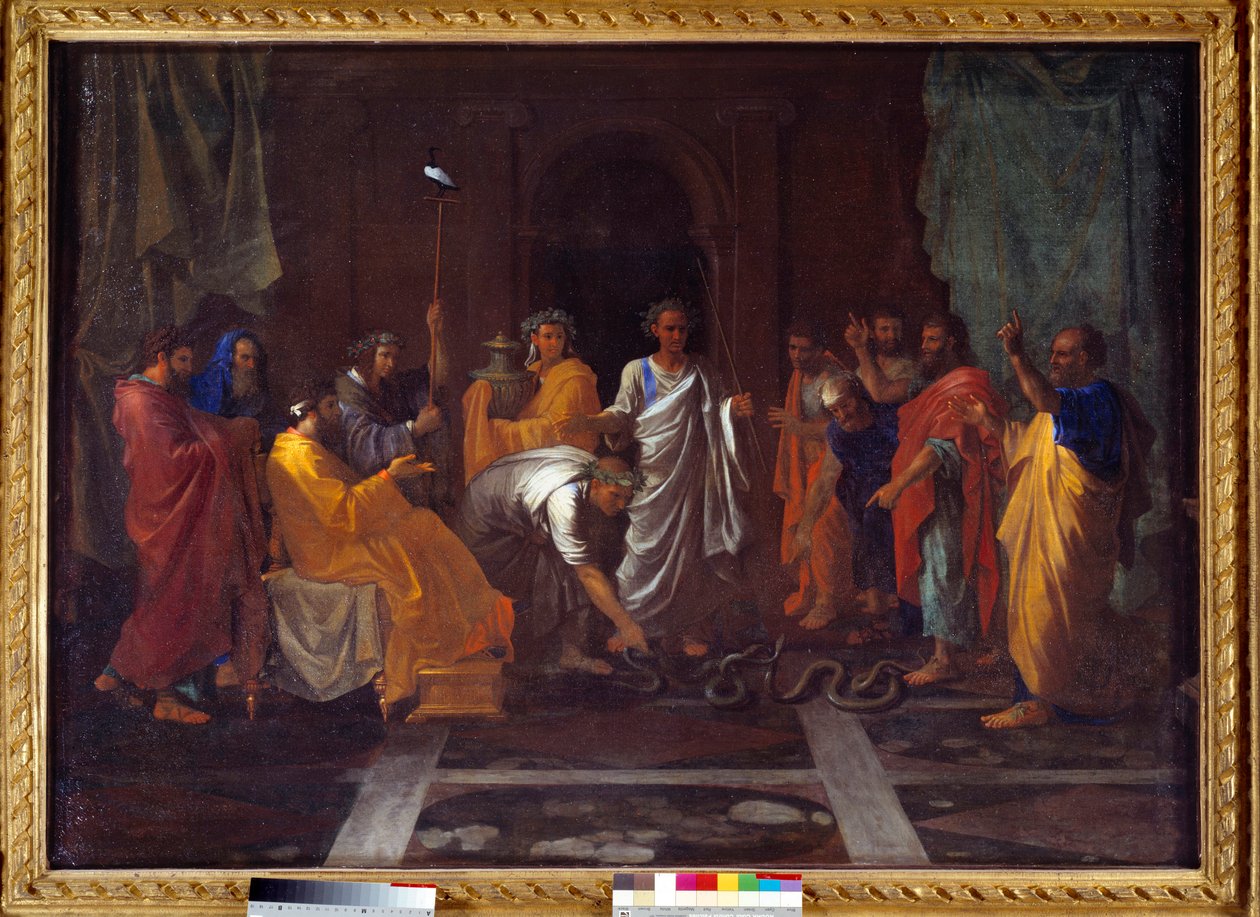 Mojżesz zamienia laskę Aarona w węża. Obraz Nicolasa Poussina autorstwa Nicolas Poussin