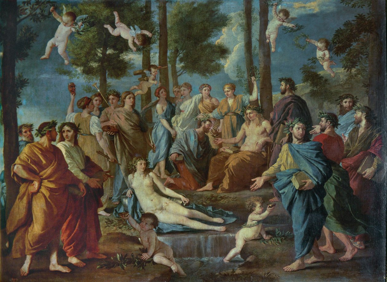 Parnassus, Apollo w otoczeniu muz (obraz na płótnie) autorstwa Nicolas Poussin