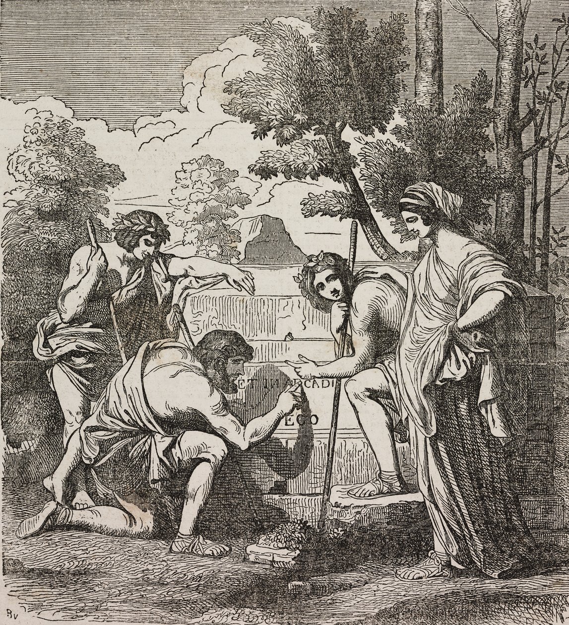 Pasterze z Arkadii, wg obrazu Nicolasa Poussina, ilustracja z Teatru Uniwersalnego, kolekcja encyklopedyczna i scenograficzna, nr 512, 4 maja autorstwa Nicolas Poussin