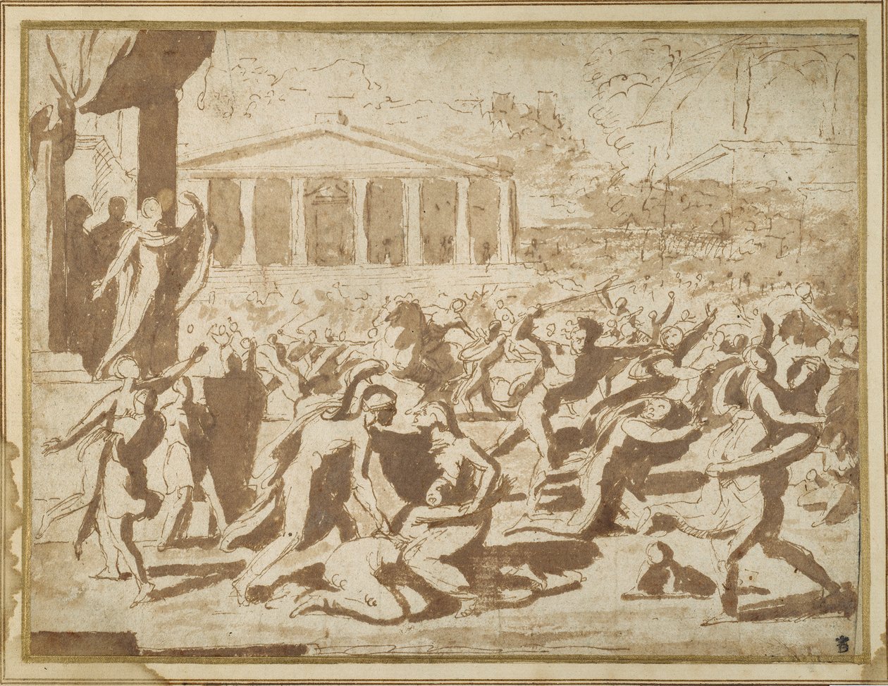 Studium porwania kobiet Sabinek, ok. 1633 (tusz i pranie na papierze) autorstwa Nicolas Poussin