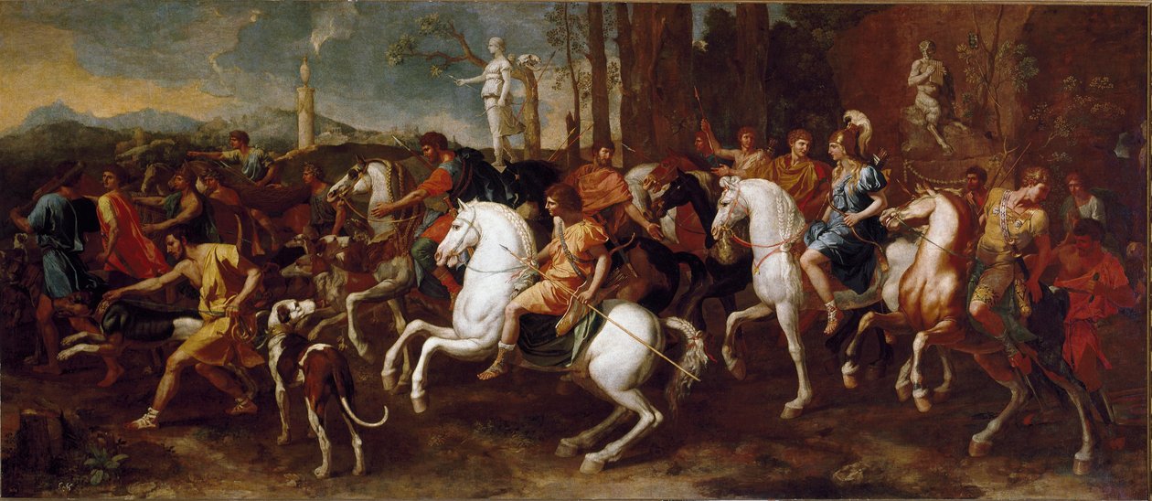 Polowanie na Meleagera. Bohaterowie mitologii greckiej, która zasłynęła podczas polowania na Dzika Calydon. Obraz Nicolasa Poussina autorstwa Nicolas Poussin