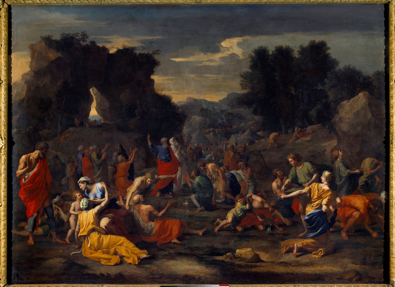 Izraelici zbierający mannę (mannę) na pustyni. Obraz Nicolasa Poussina (1594-1665) autorstwa Nicolas Poussin