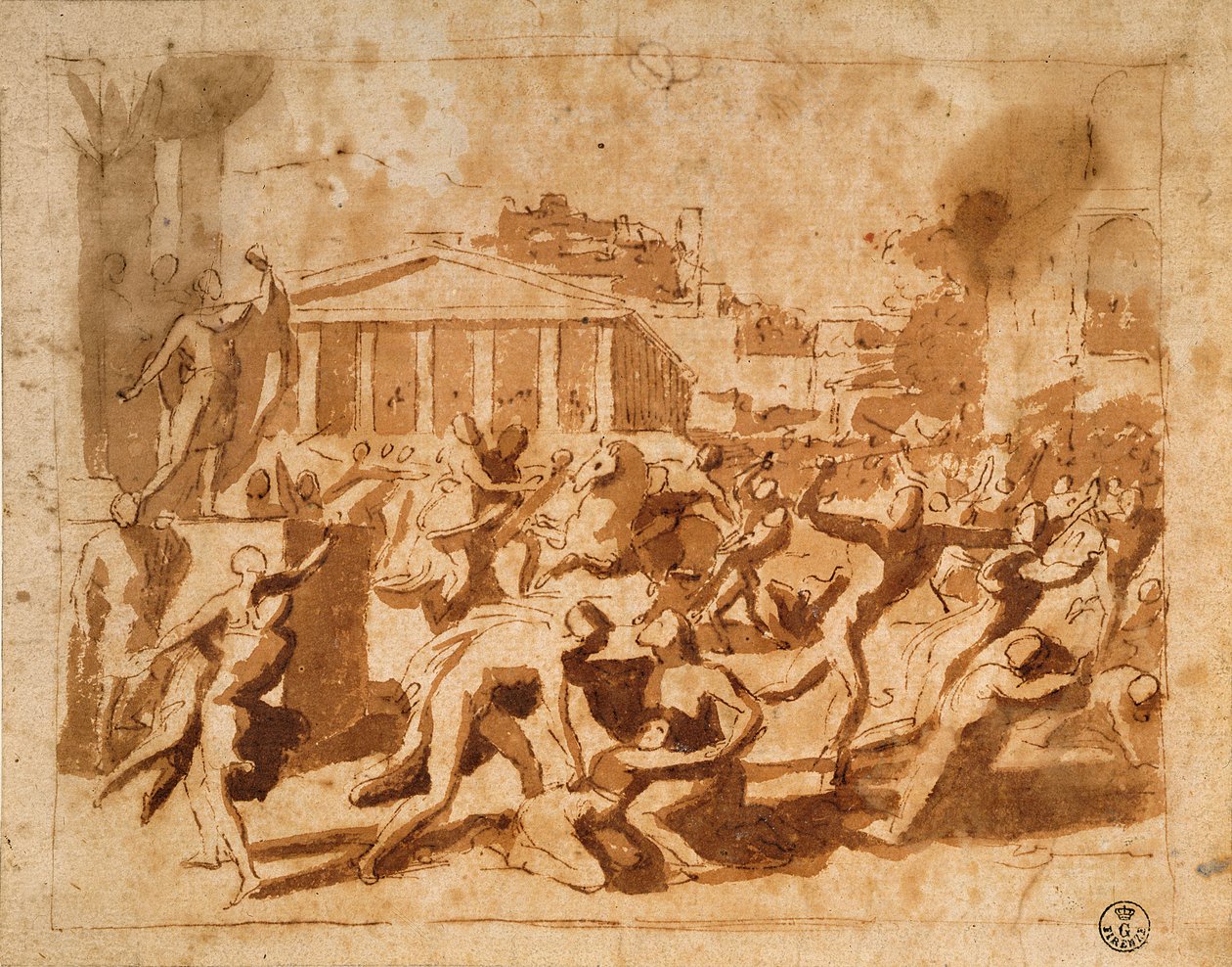 The Rape of the Sabine Women (pranie pióra i tuszu na papierze) autorstwa Nicolas Poussin