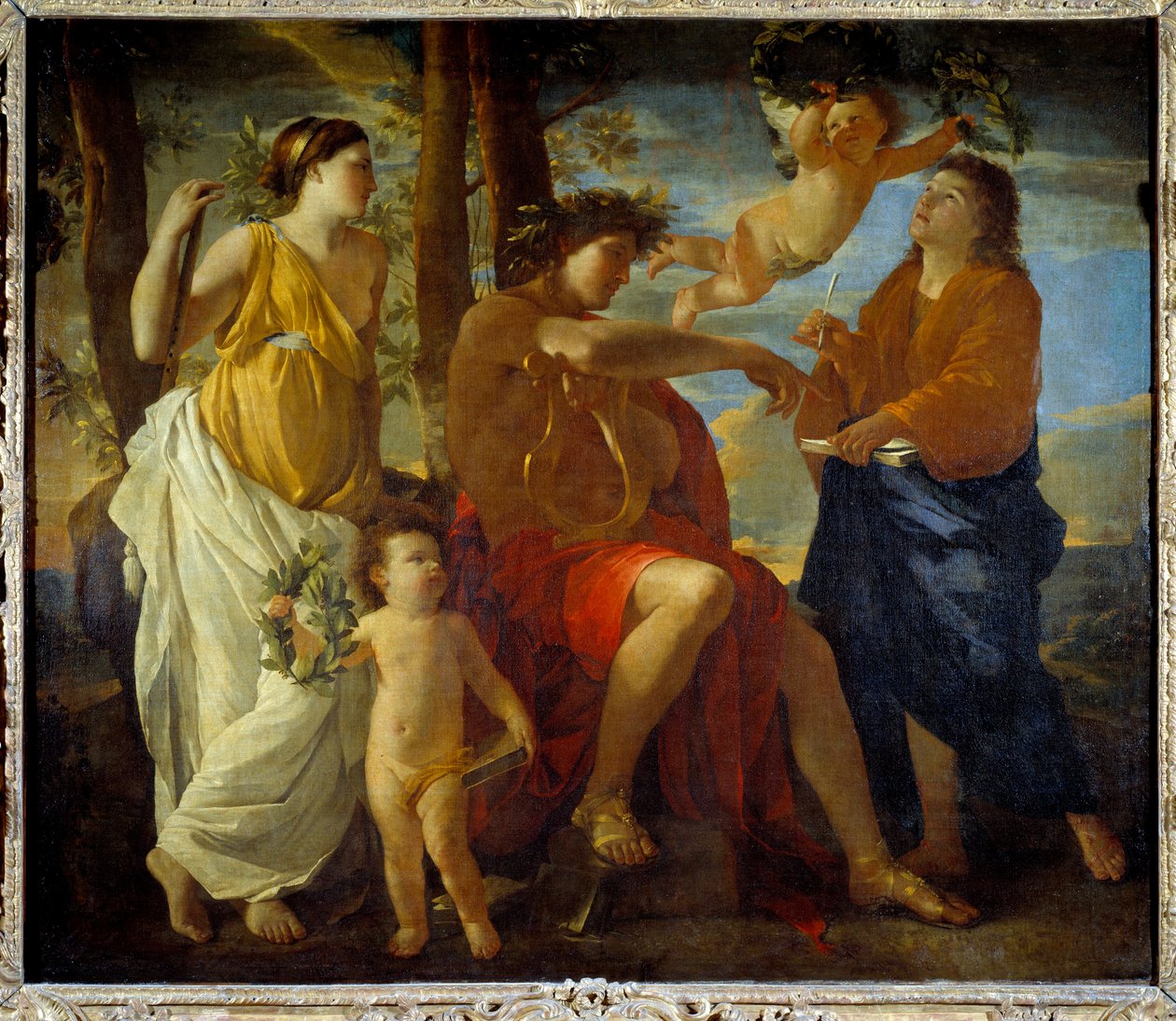 Inspirację poety Un poete, lirę w dłoni i nakrycie głowy z wawrzynu otaczają Muzy i putta. obraz Nicolasa Poussina autorstwa Nicolas Poussin