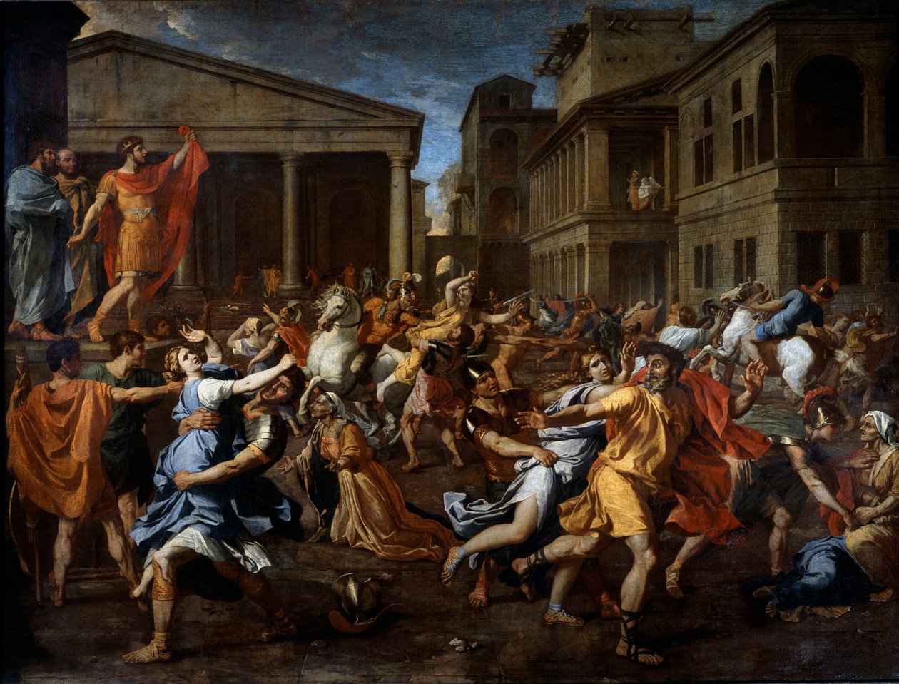 Usunięcie sabin przez Rzymian. Romulus po lewej obserwuje scenę. Obraz Nicolasa Poussina autorstwa Nicolas Poussin