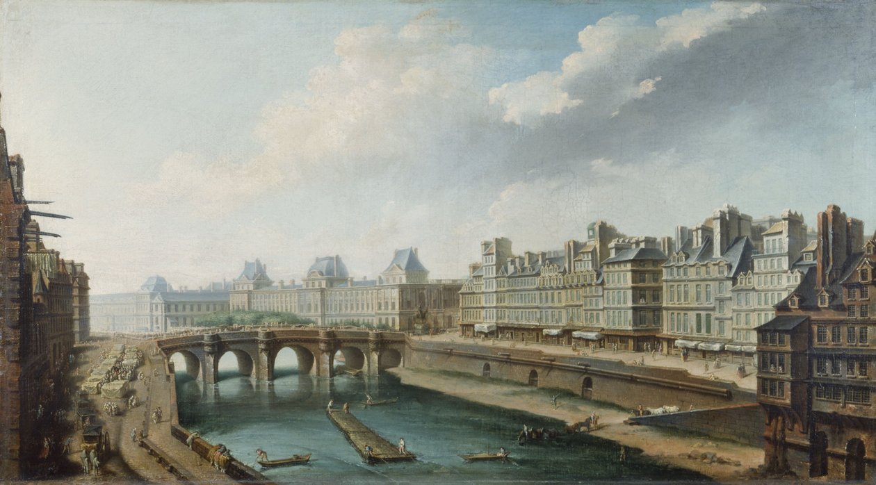 Luwr, Pont-Neuf i Quai des Orfèvres, widziane z Quai des Grands-Augustins, ok. 1760 r. (olej na płótnie) autorstwa Nicolas Raguenet
