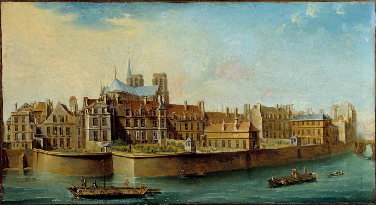 Widok na Ile de la Cite z absydą katedry Notre Dame i Quai aux Fleurs z Ile Saint Louis w Paryżu Obraz Nicolasa Ragueneta (1715-1793) 1753 nd. 0,46x0,84 m Paryż, Musee Carnavalet - Widok na Ile de la Cite z aps autorstwa Nicolas Raguenet