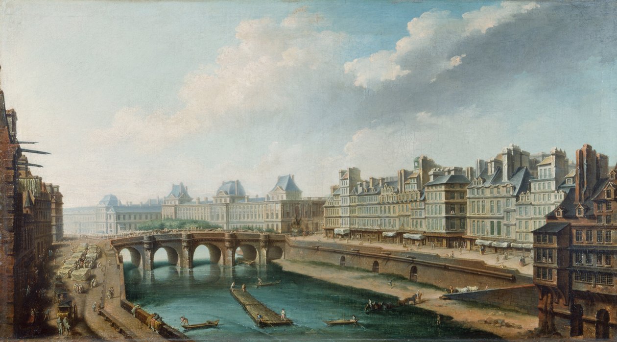 Widok na Luwr, Pont Neuf i Quai des Orfevres widziane z Quai des Grands Augustins, ok. 1760 r. (olej na płótnie) autorstwa Nicolas Raguenet