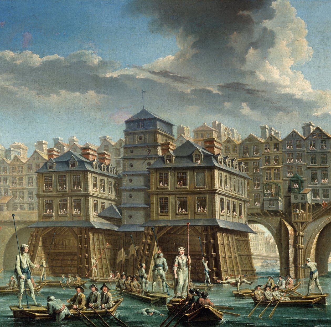 szczegół obrazu: Joute des marineiers między Pont Notre-Dame i Pont-au-Change” Morskie potyczki na Sekwanie w Paryżu. Obraz Nicolasa Jeana Baptiste Ragueneta (1715-1793) 1756 Paryż, Musee Carnavalet autorstwa Nicolas Raguenet