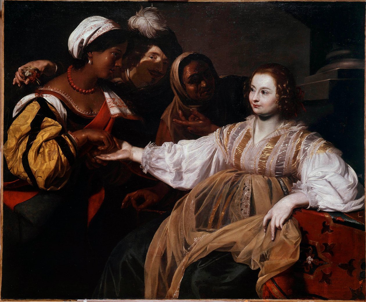 Wróżka Pewna kobieta przyszła po poradę do palmisty. Obraz Nicolasa Regniera (1591-1667) Nd. 1,2x1,5m² autorstwa Nicolas Regnier