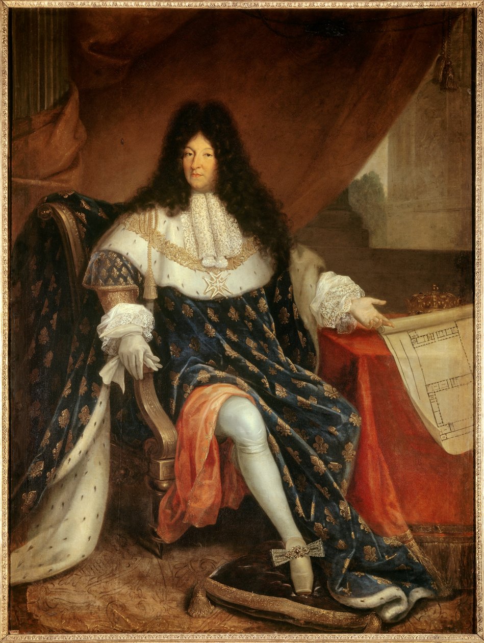 Portret u stóp Ludwika XIV (1638-1715) trzymającego plan domu królewskiego św. Cyra (Saint-Cyr). Obraz Nicolasa Rene Jollaina Starego autorstwa Nicolas Rene Jollain