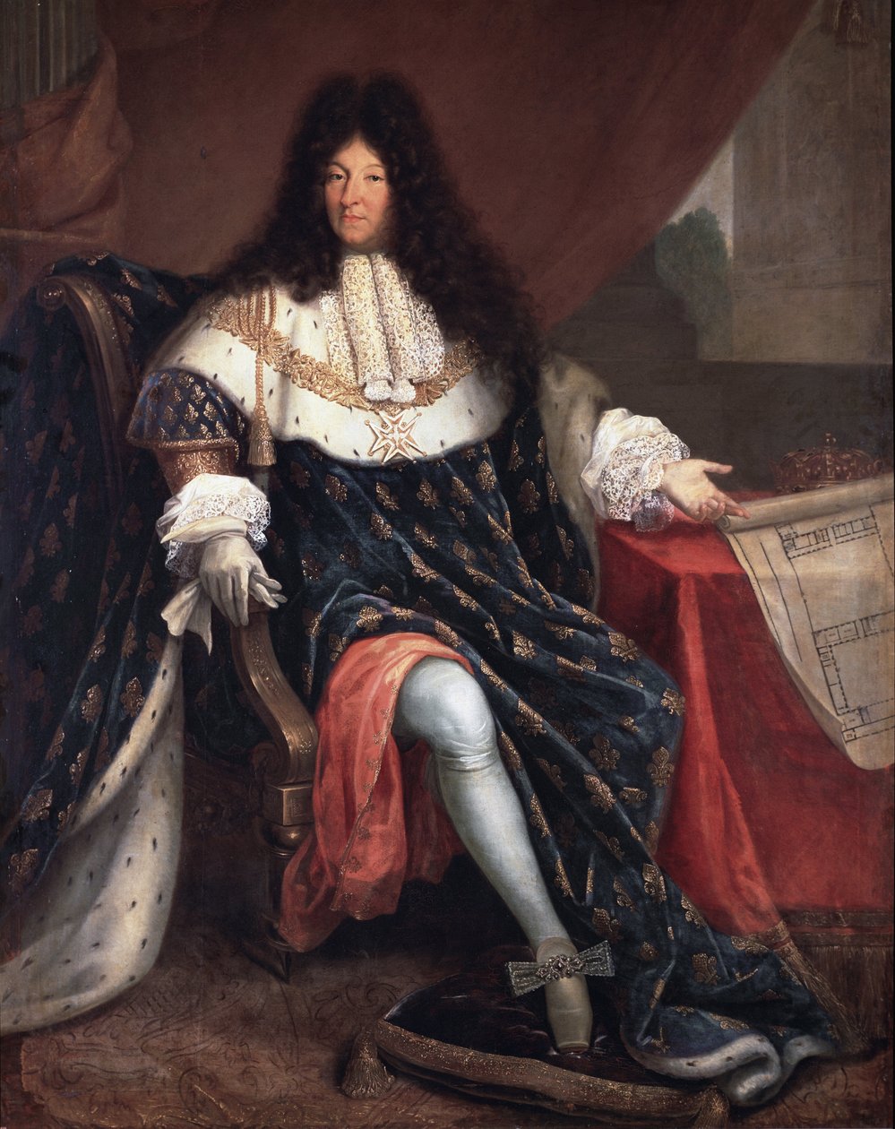 Portret Ludwika XIV trzymającego plan domu królewskiego św. Cyra (olej na płótnie) autorstwa Nicolas Rene Jollain