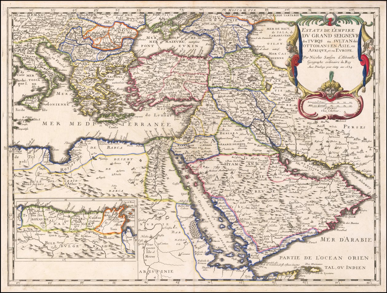 Mapa z 1654 r. - Posiadłości Imperium Wielkiego Władcy Turków lub Sułtana Osmanów w Azji, Afryce i Europie autorstwa Nicolas Sanson