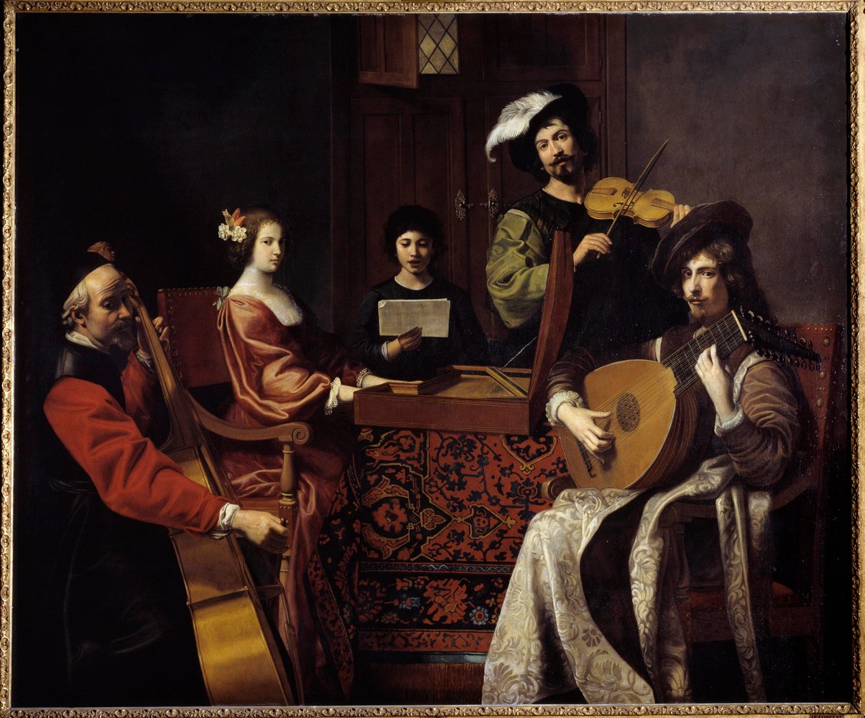 Muzyka baroku: „Koncert””” Muzycy grający na instrumentach smyczkowych. Obraz Nicolasa Tourniera (1590-1657) XVII w. Niedz. 1,88x2,26 m² autorstwa Nicolas Tournier