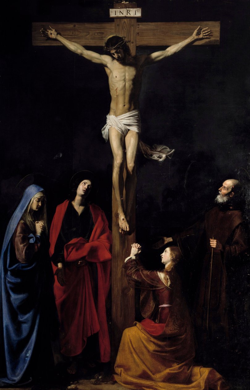 Chrystus na krzyżu, Dziewica, Madeleine, św. Jan i św. Wincenty a Paulo Napis „”INRI”” na krzyżu. Obraz Nicolasa Tourniera (1590-1657) autorstwa Nicolas Tournier
