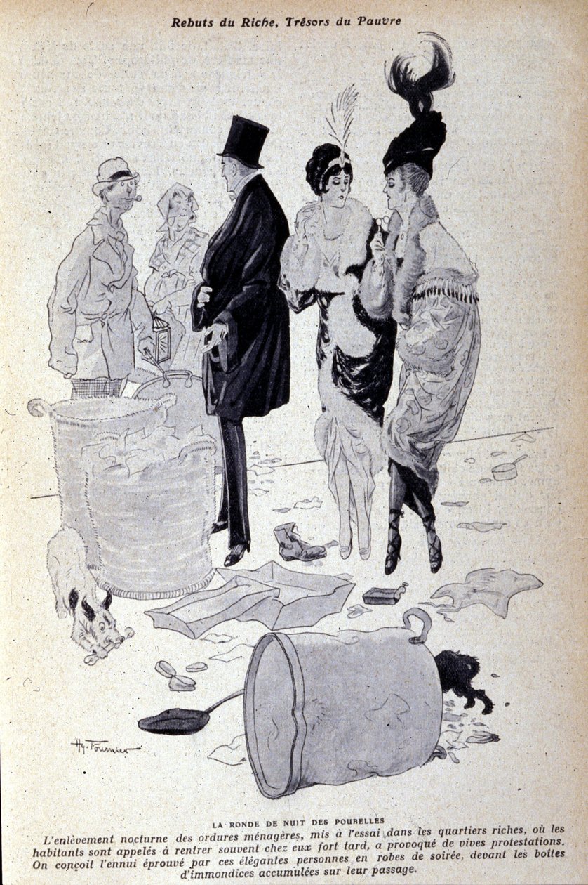 Paryż: śmieci gromadzą się na ulicy przed elegancko ubranymi ludźmi. Ilustracja prasy francuskiej autorstwa H. Tourniera autorstwa Nicolas Tournier